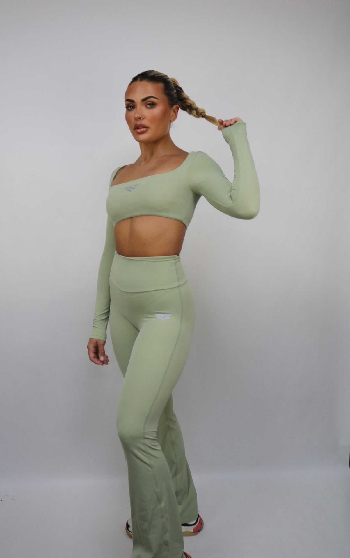 Reflect Women's Long Sleeved Crop Top & Flared Leggings Set - Green