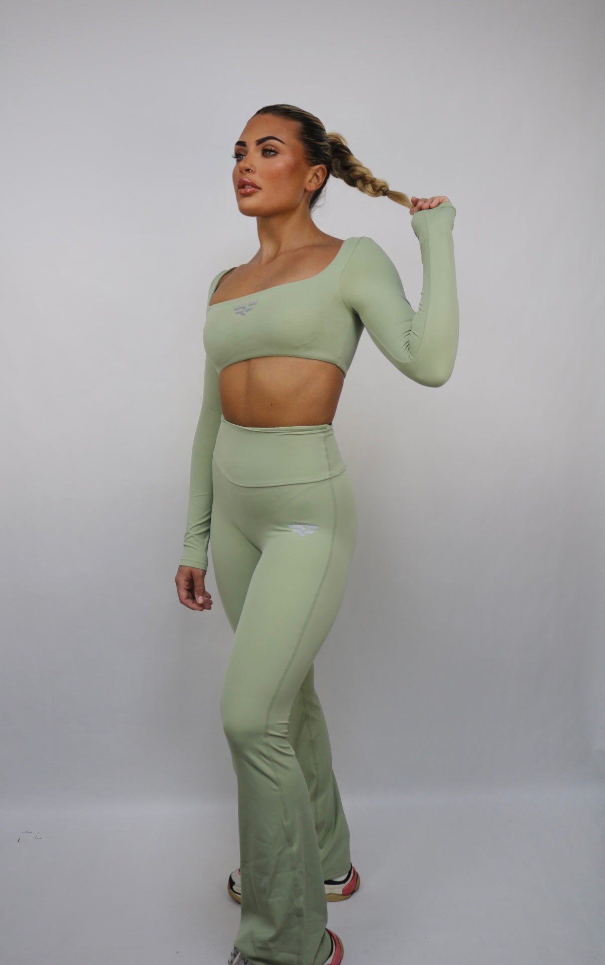 Reflect Women's Long Sleeved Crop Top & Flared Leggings Set - Green