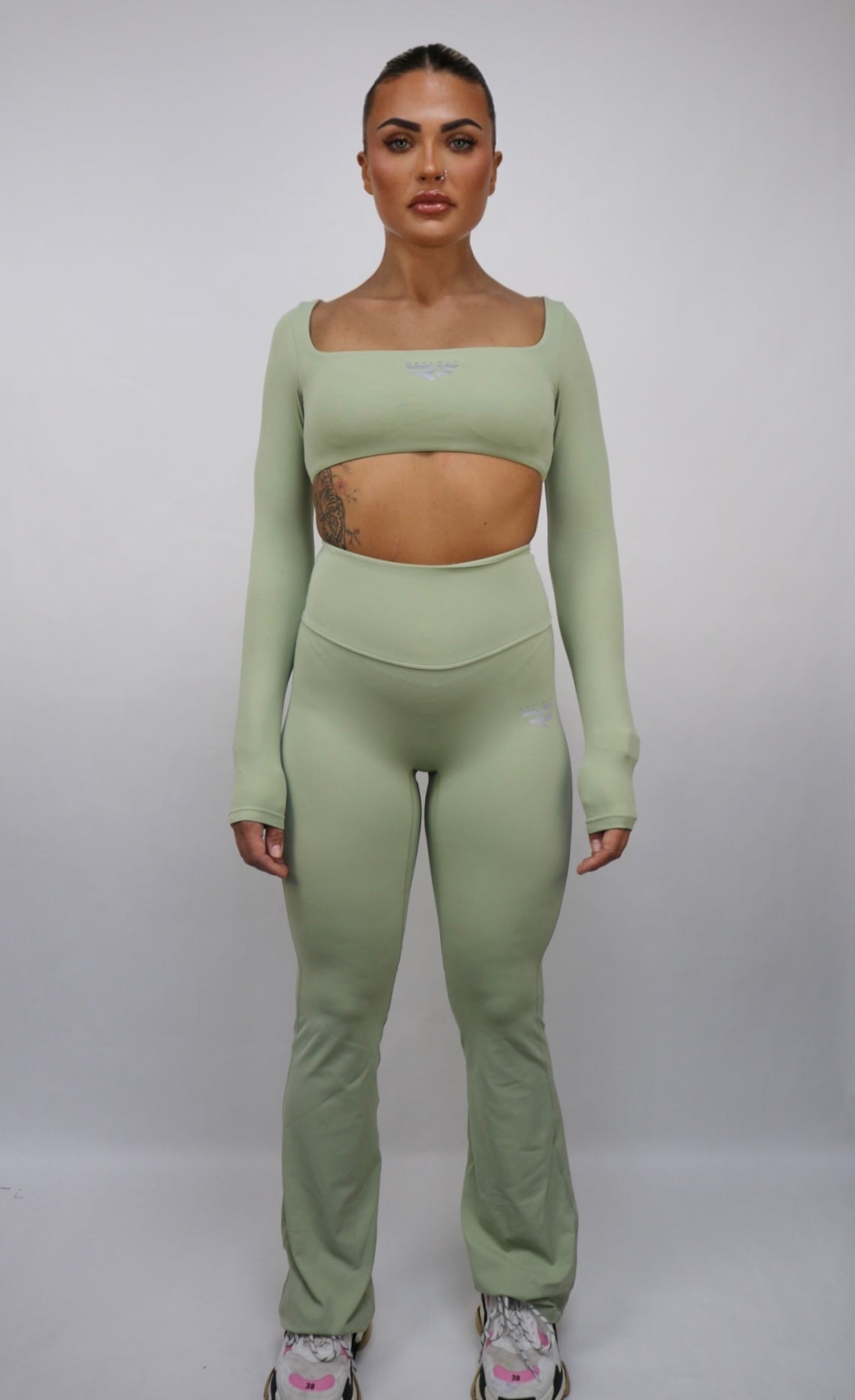 Reflect Women's Long Sleeved Crop Top & Flared Leggings Set - Green