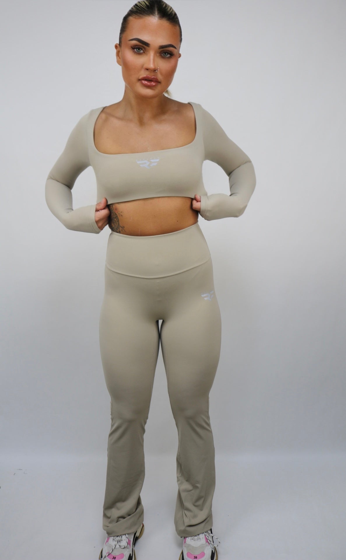 Reflect Women's Long Sleeved Crop Top & Ruched Leggings Set - Camel Brown